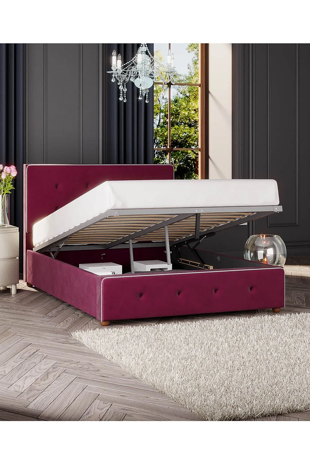 Laurence Llewelyn-Bowen Hesper Ottoman Storage Bed in Plush Velvet Fabric, Custom Made in Wine