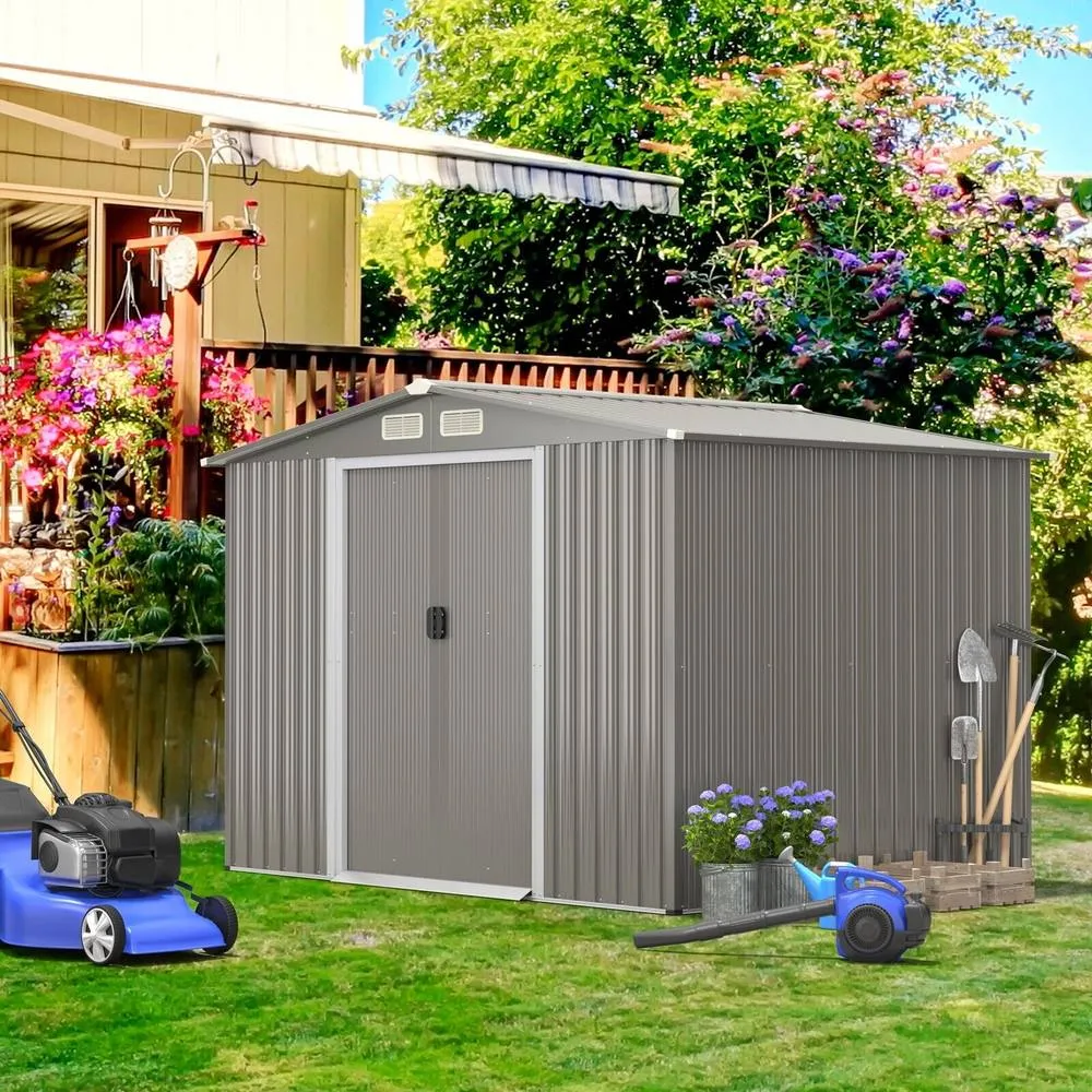 Costway 260×207cm Steel Outdoor Storage Shed Double Doors Ramp Grey 4
