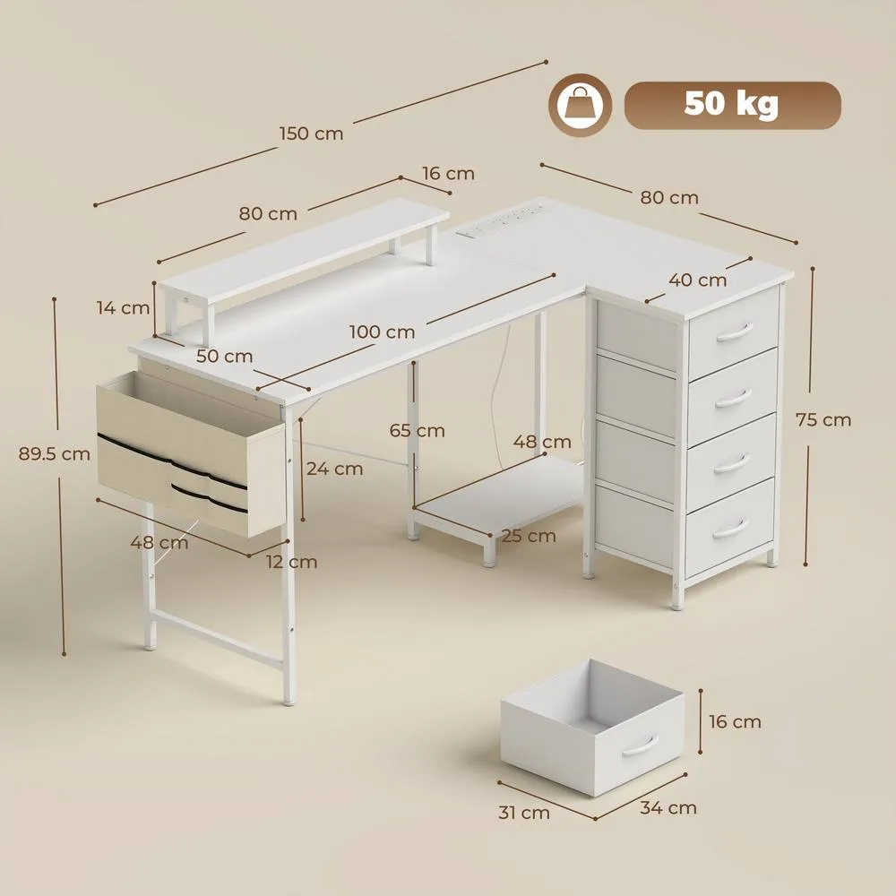 HOMCOM L Shaped Gaming Desk with Drawers Reversible USB 150 x 80 cm White 3