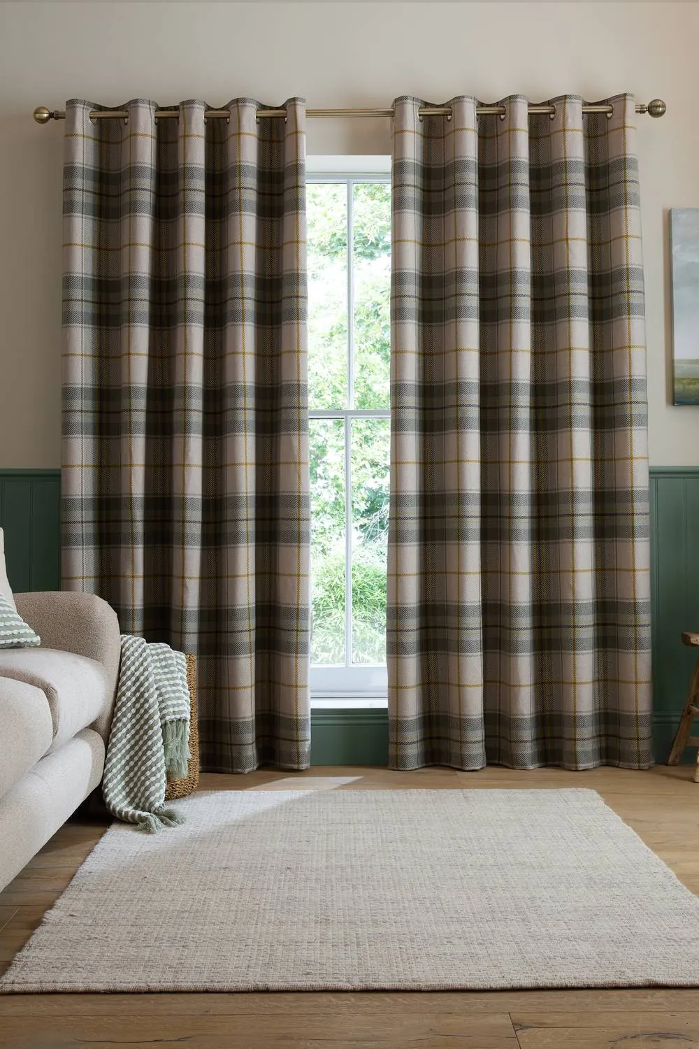 Catherine Lansfield 'Brushed Woven Glencoe Check' Thermal Eyelet Curtains in Green
