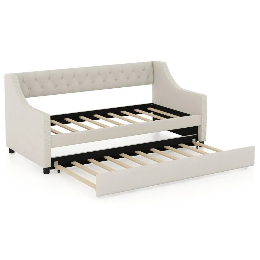 Costway Linen Upholstered Daybed Single Size Trundle Bed Sofa Bed Frame in Beige 1