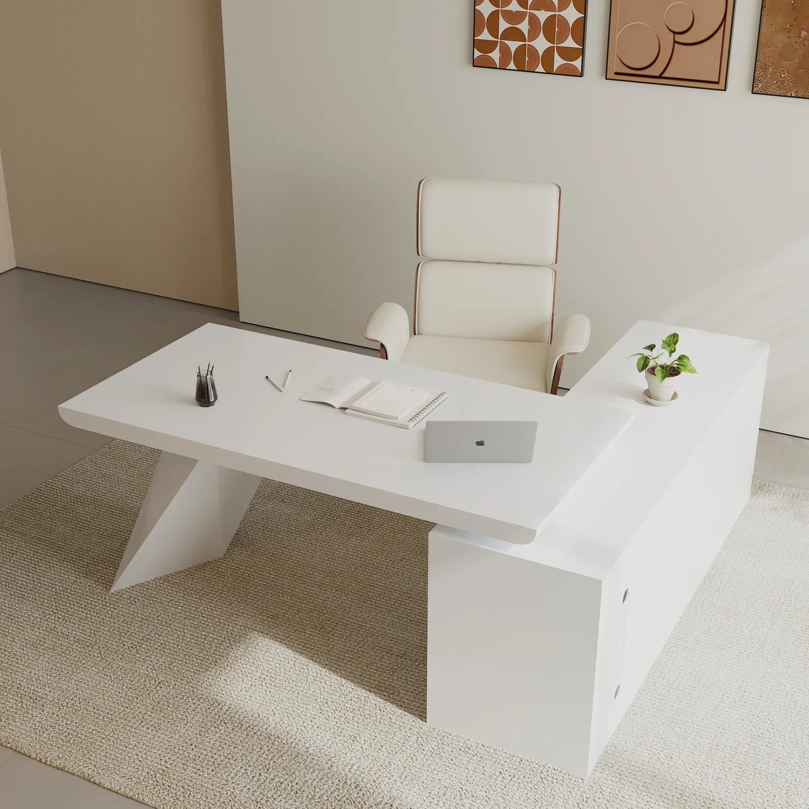 Modern White L-Shape Executive Left Hand Desk & Office Chair Set  (1800mm)