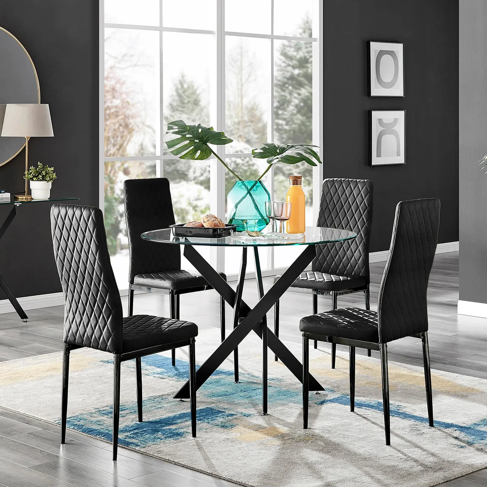 FurnitureboxUK Novara 4 Seater Black Leg Round Glass Dining Table & 4 Milan Faux Leather Black Leg Chairs 1