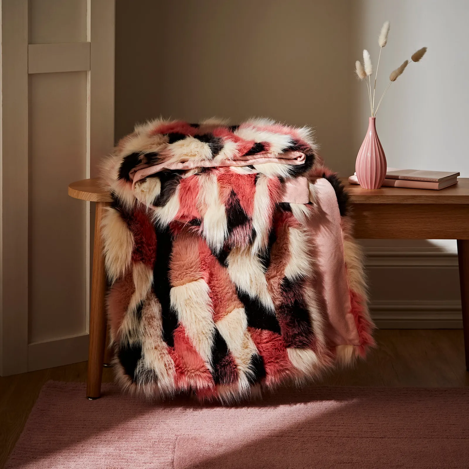 Milan Faux Fur Throw Pink/White/Black