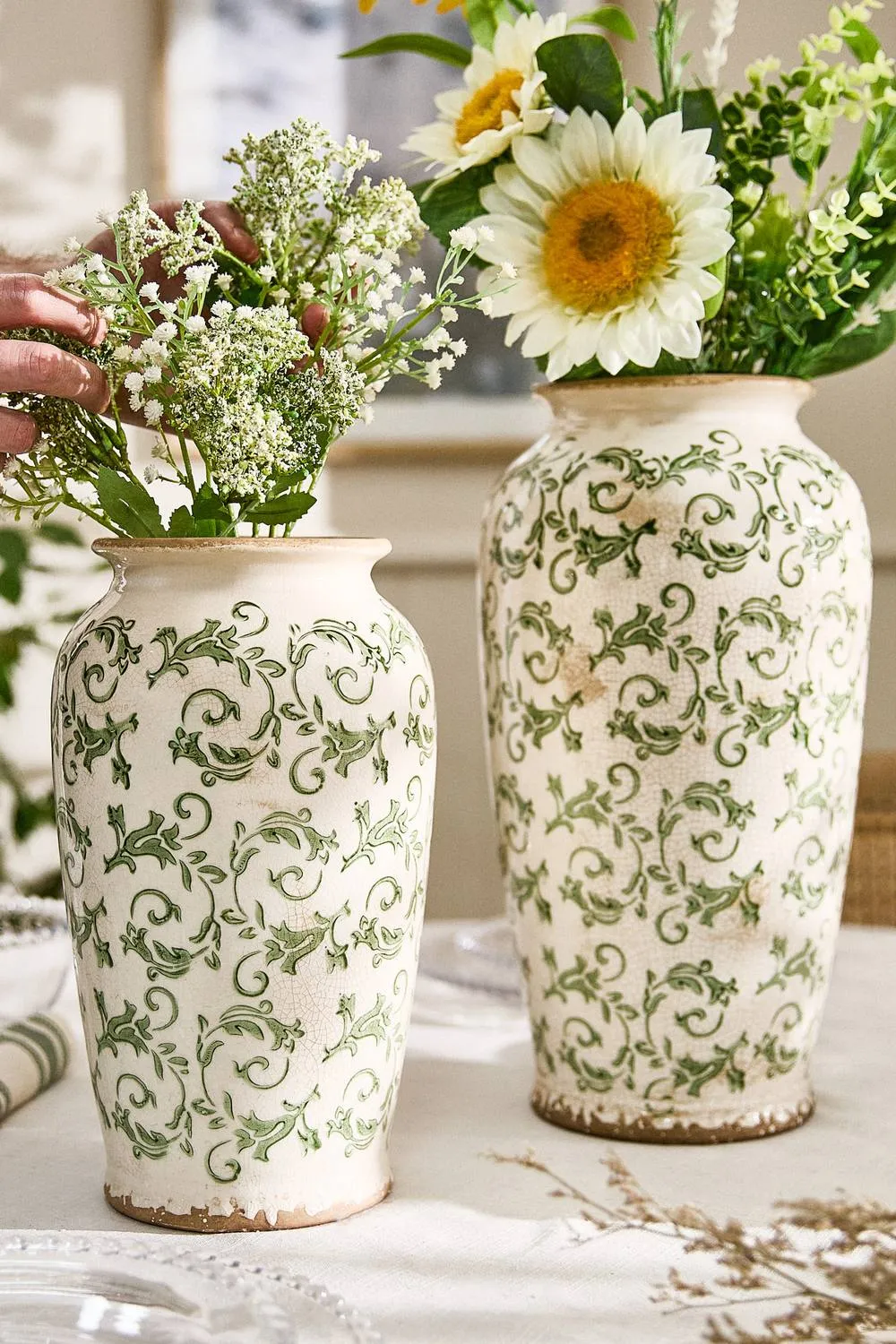 Dibor Set of 2 Vintage Luxury Irina Green Botanical Flower Urn Vase in Cream