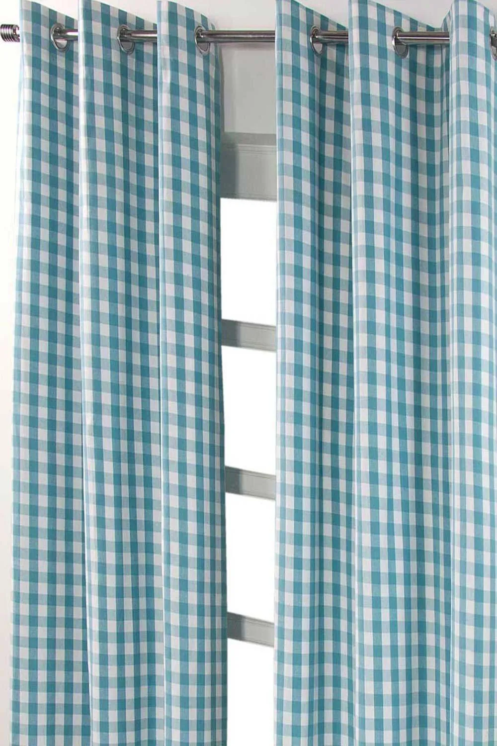 Homescapes Cotton Block Check Gingham Eyelet Curtain Pair in Blue 2