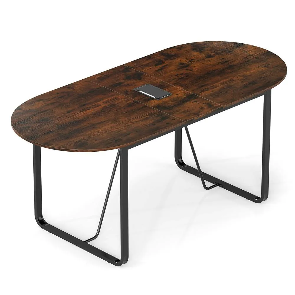 Costway 180 CM Executive Table Oval Home Office Table w/Metal Frame-Brown in Brown 4