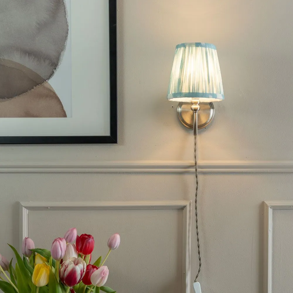 ValueLights Plug In Brushed Chrome Wall Light with Blue Pleated Fabric Tapered Lampshade