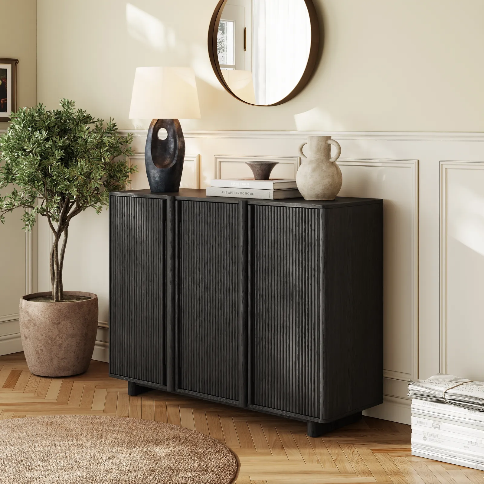 Lineva 48" Ash Wood Veneer Shoe Storage Fluted Entryway Cabinet