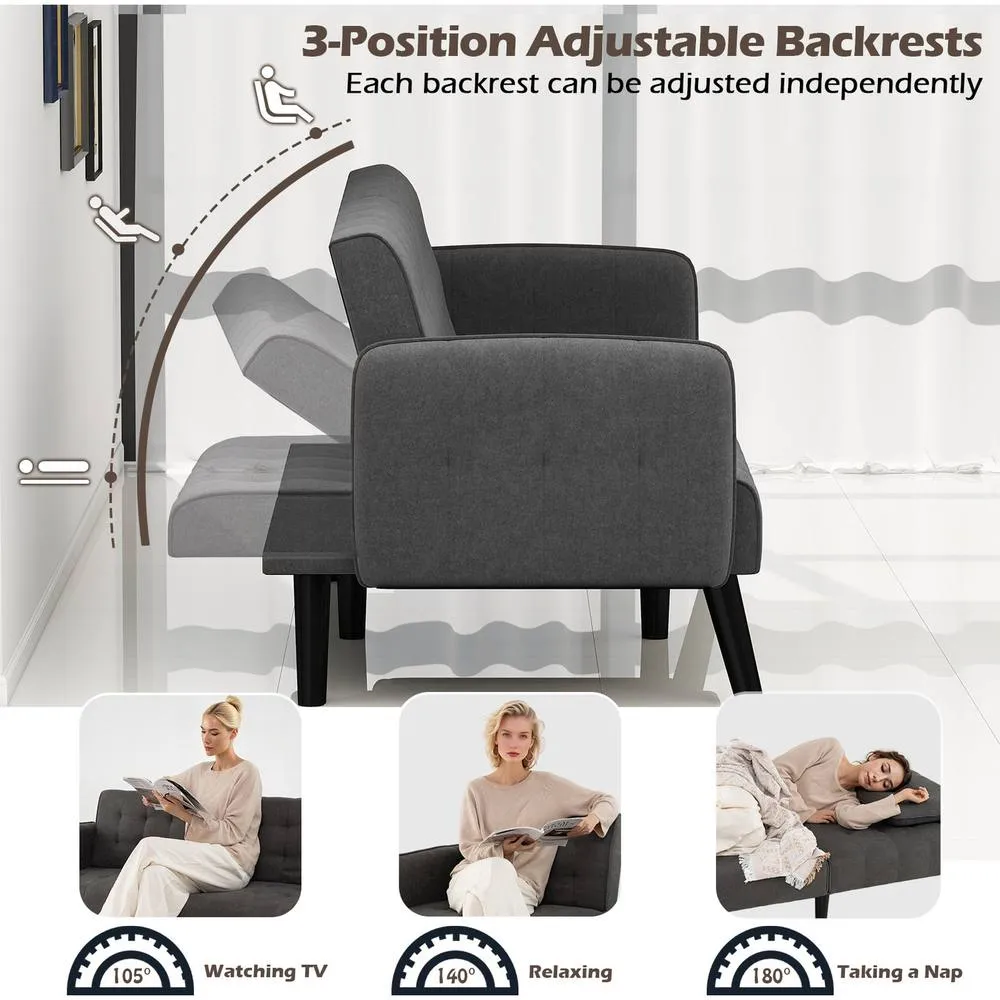 Costway 164 CM Convertible Futon Sofa Bed Couch Loveseat W/ Backrests Grey 3