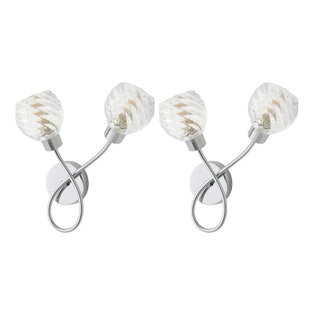ValueLights Reyka Pair of Chrome 2 Way Swirl Glass Wall Lights with Bulbs in Metallic Silver