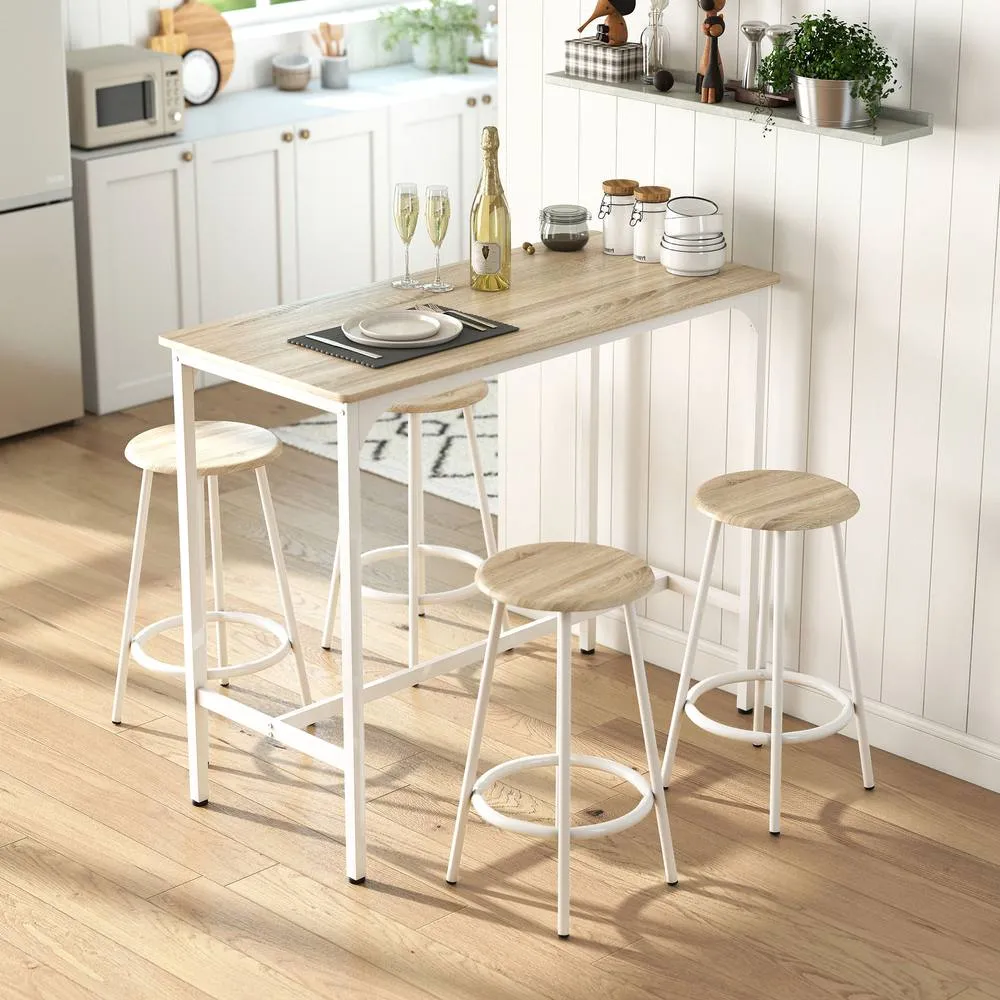 HOMCOM 5 Piece Bar Table & Stools Set with Metal Frame Natural Wood