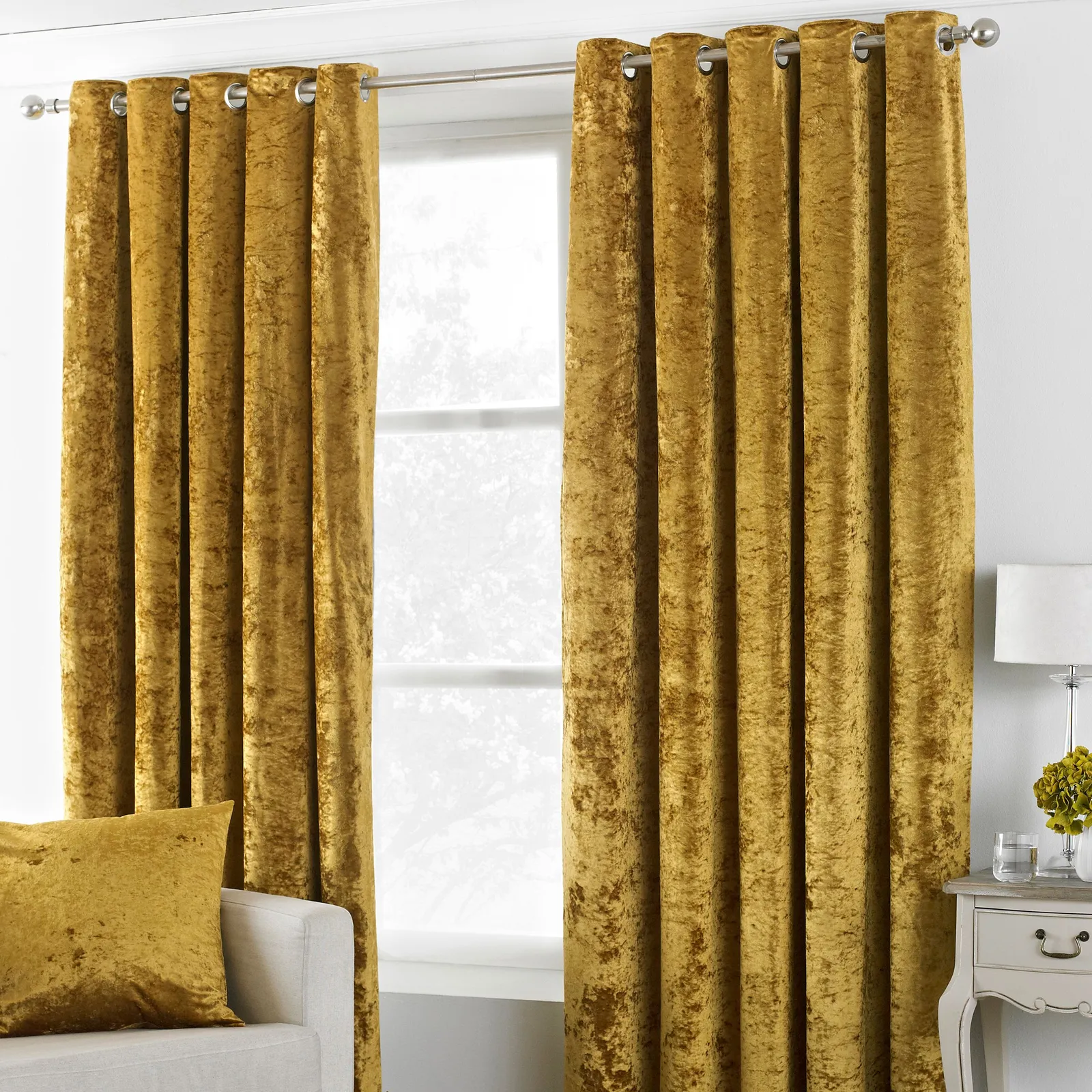 Paoletti Verona Crushed Velvet Eyelet Curtains in Yellow
