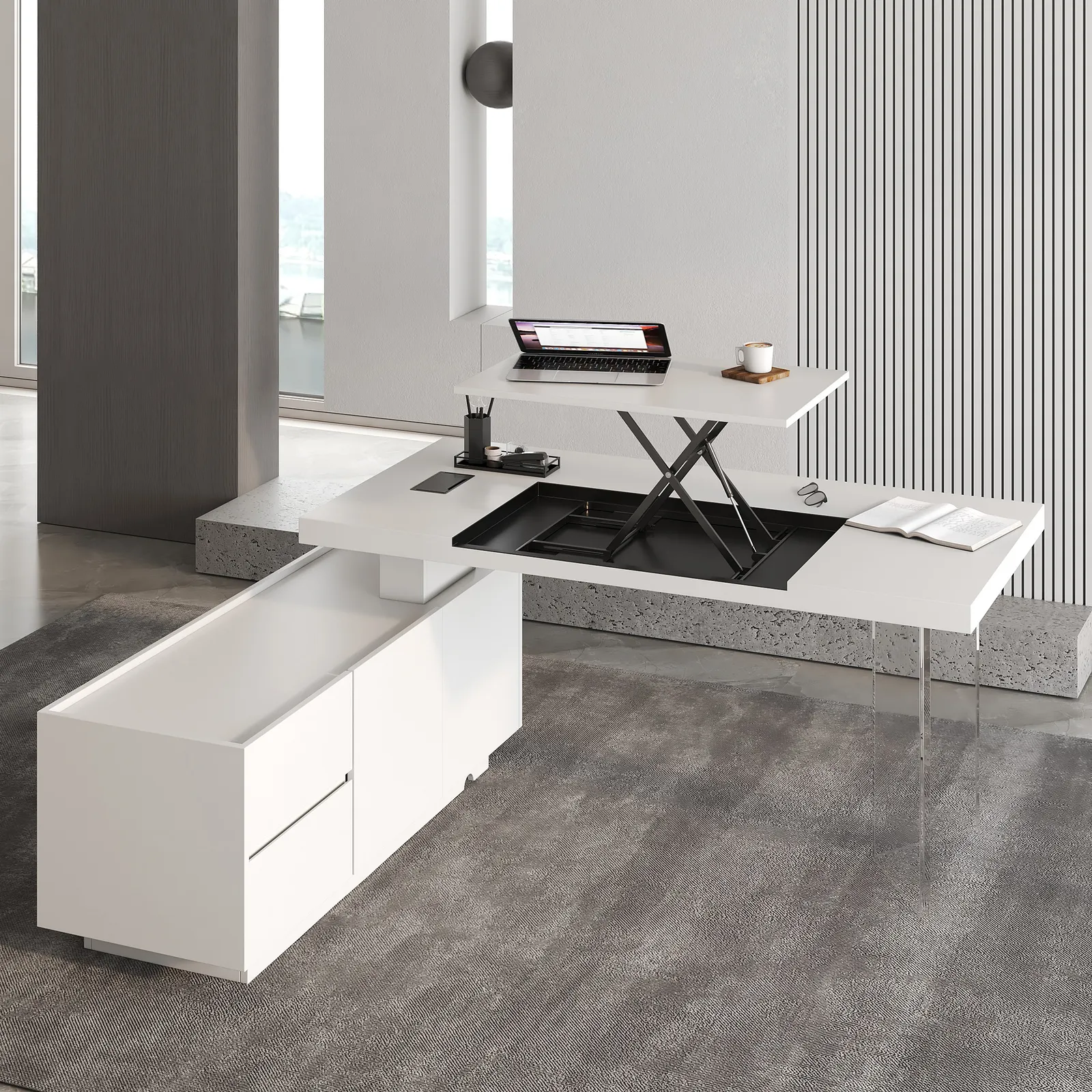1815mm  Modern White L-Shape Executive Desk with Side Cabinet Height Adjustable Desktop Standing Desk with Clear Arcylic Leg