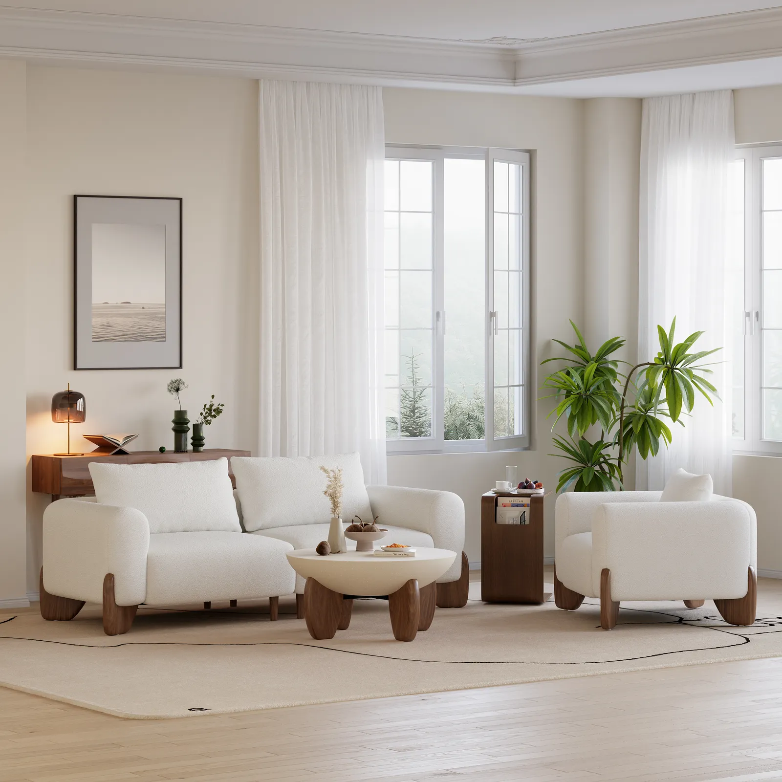 Living Room Sofa Loveseat Set Upholstered 2-Seater Couch & 2 White Boucle Accent Chairs Single Couch Set