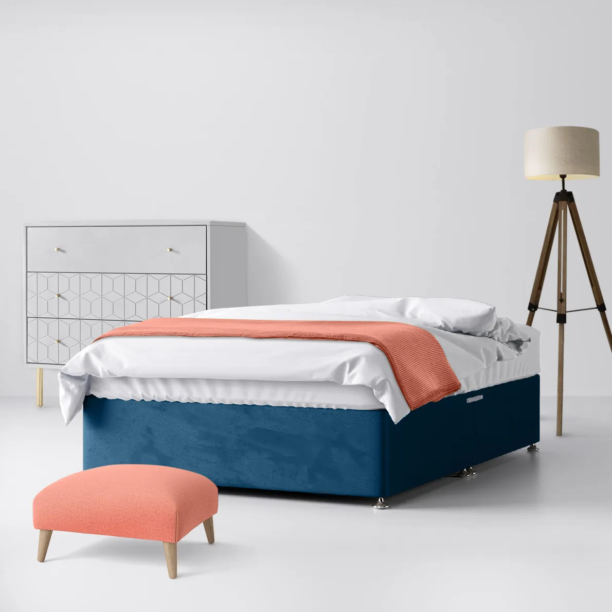 Classic Blue Marine Velvet Fabric Ottoman Divan Bed - 4ft Small Double