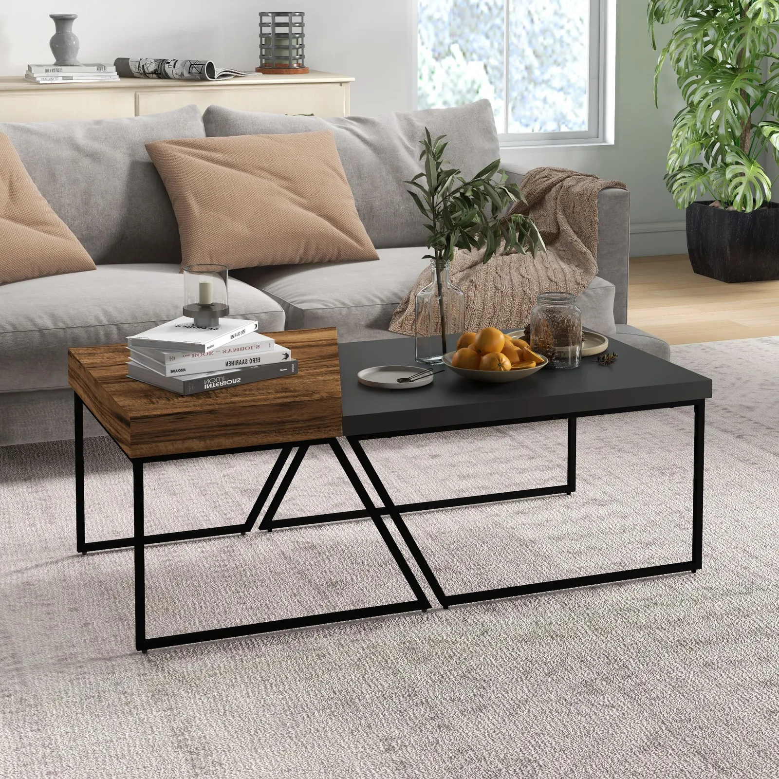 HOMCOM Industrial Coffee Table Set of 2, Geometric Coffee Tables for Living Room in Brown