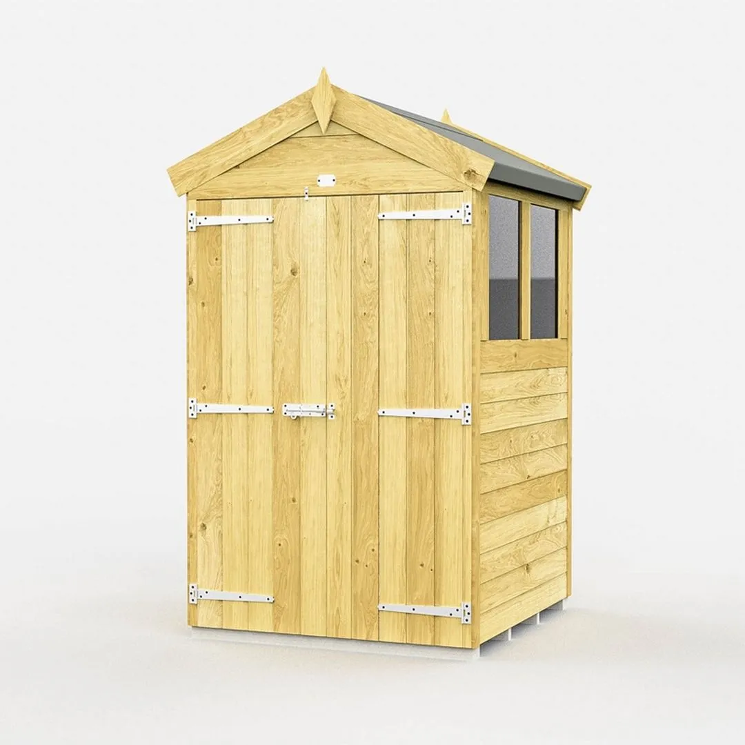 Buttercup Farm 4 x 4 Feet Apex Shed - Double Door With Window - L127 x W118 x H217 cm in Brown