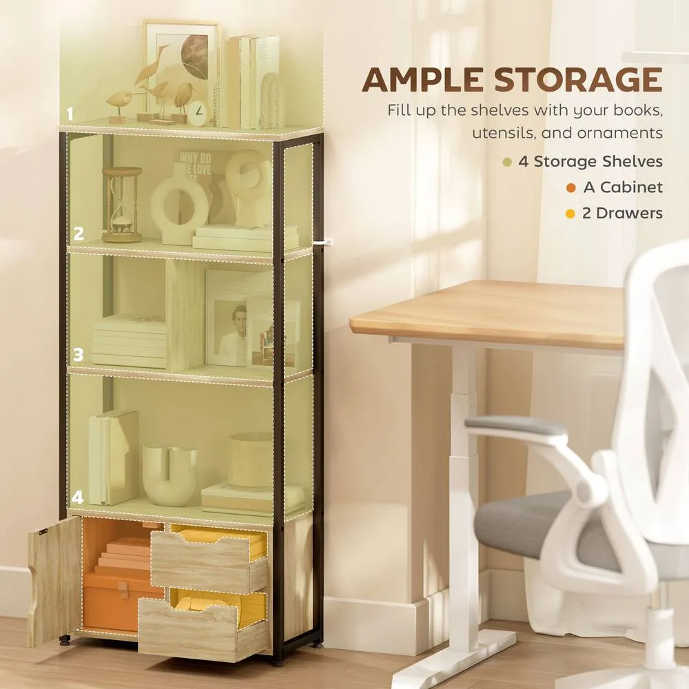 HOMCOM Industrial Bookshelf with 1 Cabinet & 2 Drawers, Natural Wood 4