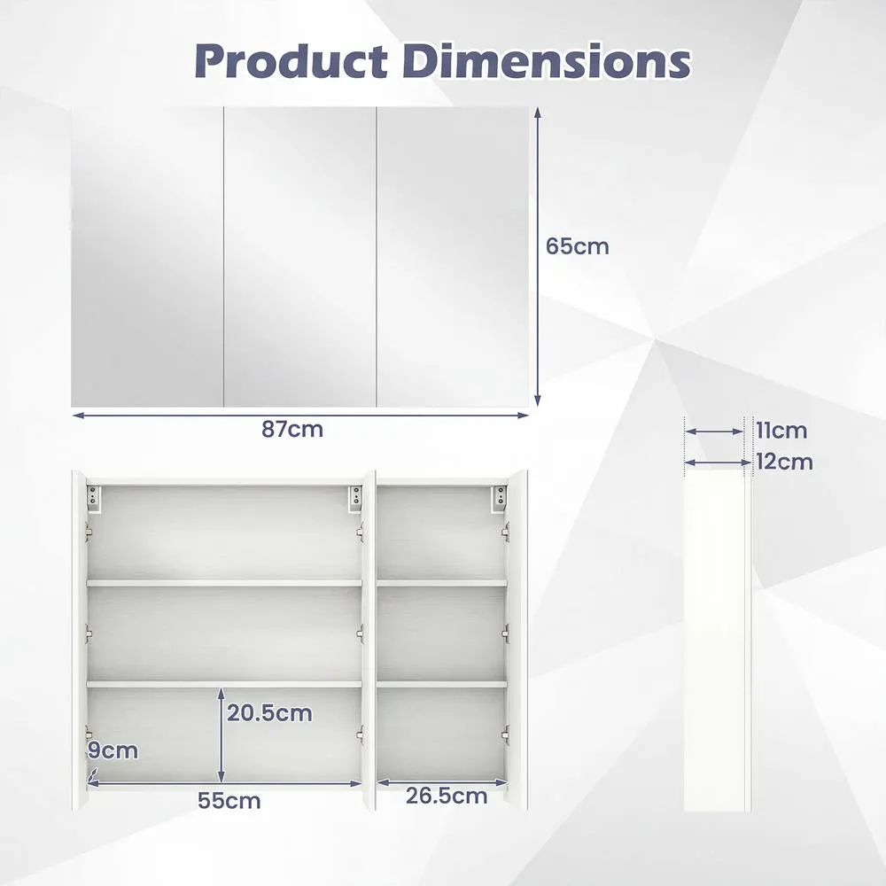 Costway Bathroom Mirror Cabinet with 3 Doors Wall Mounted in White 2