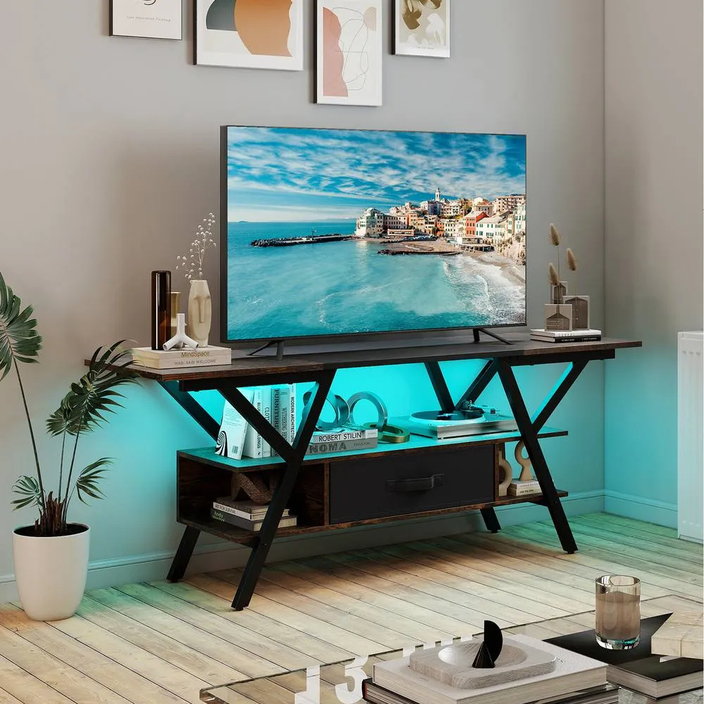 Costway TV Stand for 65" TVs 3-Tier Entertainment LED-Coffee in Brown