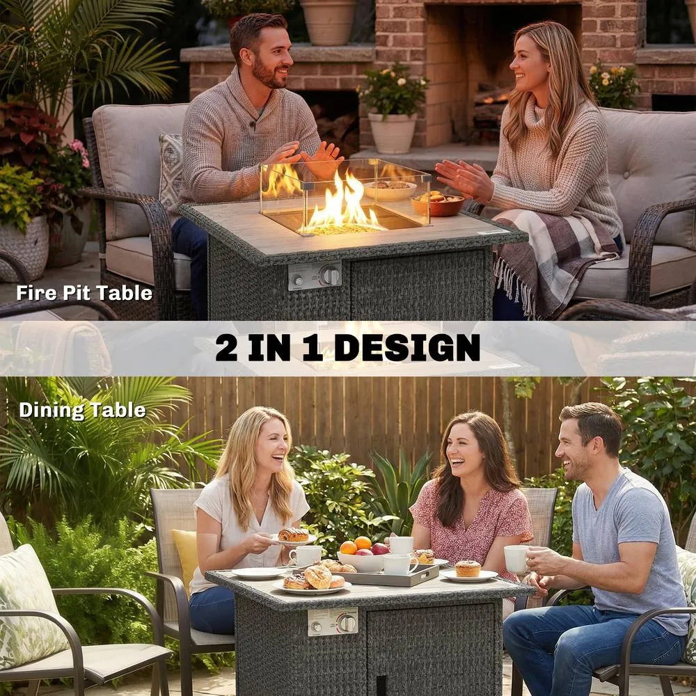 OUTSUNNY Rattan Gas Fire Pit Table with Rain Cover, Wind Guard, 14.5 KW in Grey 4