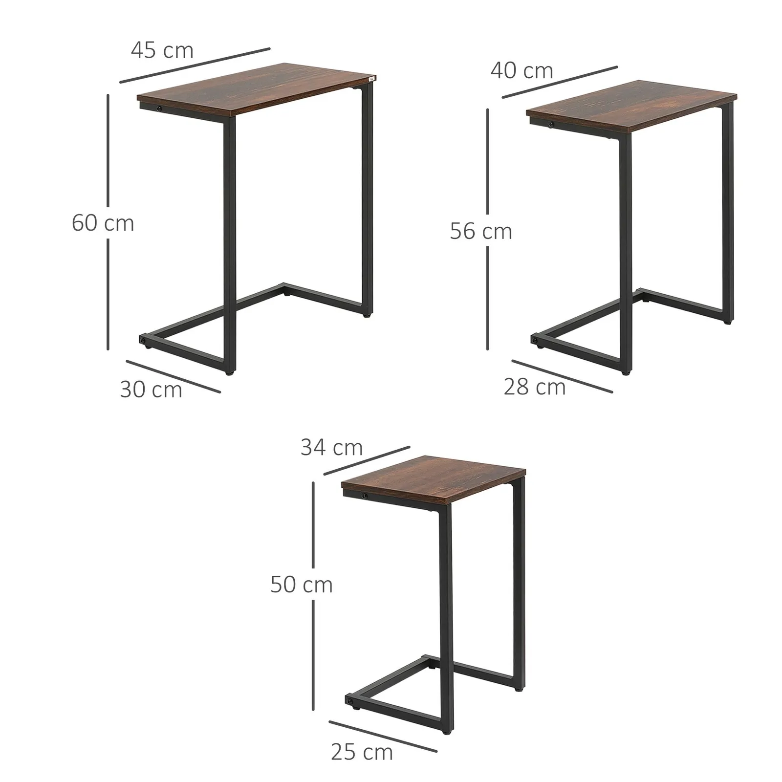 HOMCOM C-Shaped Nesting Tables Set of 3 with Steel Frame, Rustic Brown 3