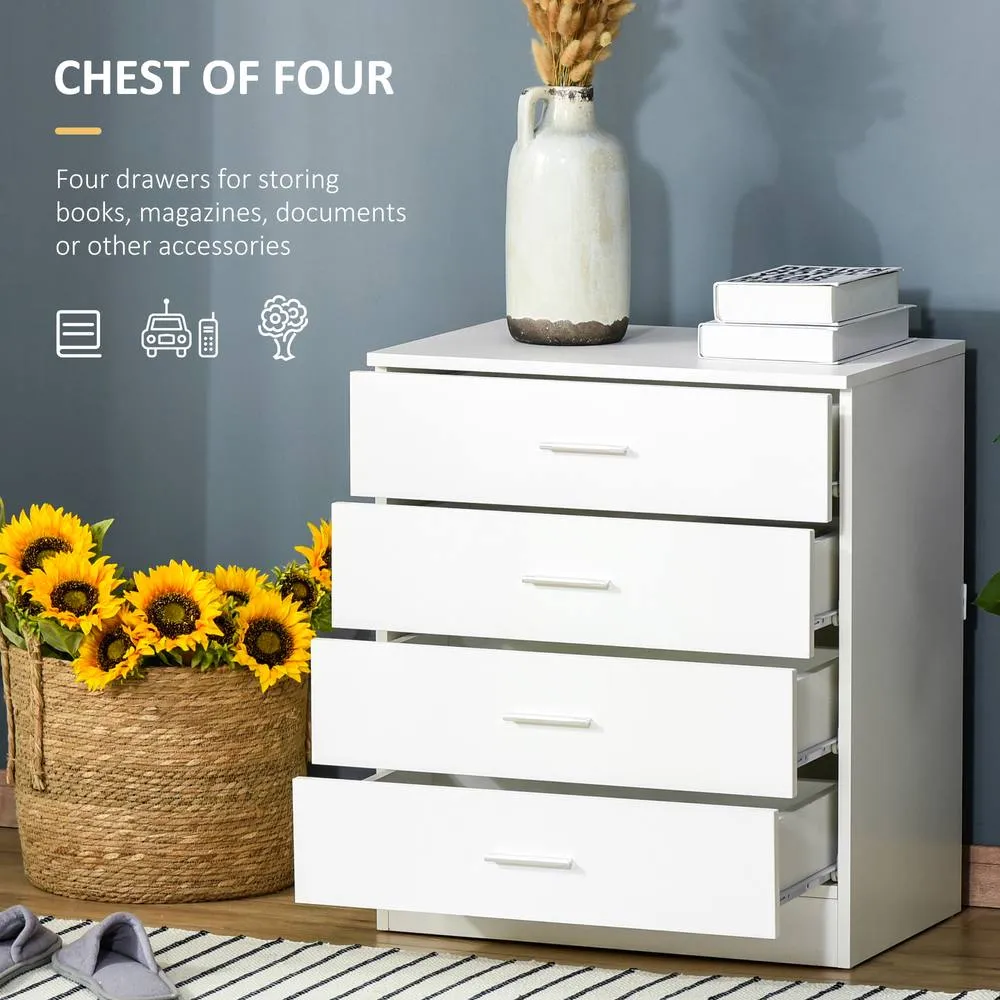 HOMCOM Storage Cabinet Vertical Drawer Chest of 4 with Metal Rails Anti Tip in White 4