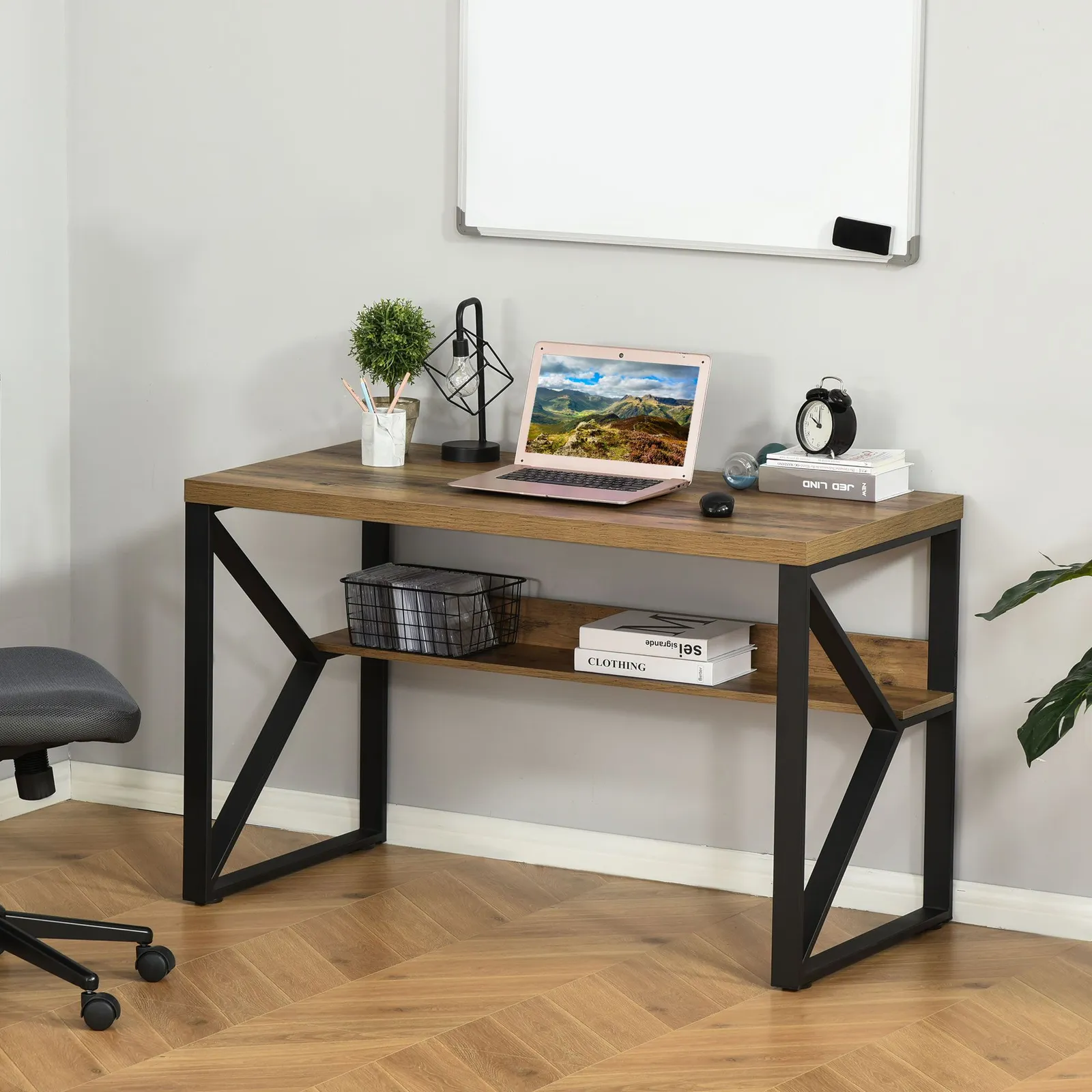 HOMCOM Workstation Computer Desk Table with Storage Shelf Steel Frame Brown