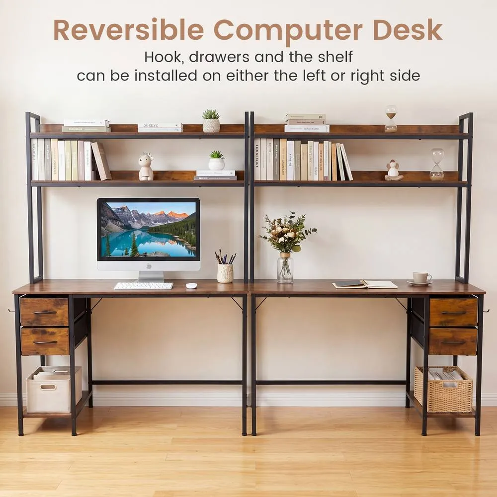 Costway Computer Desk with Hutch Reversible Executive Desk with Fabric Drawers in Brown 5