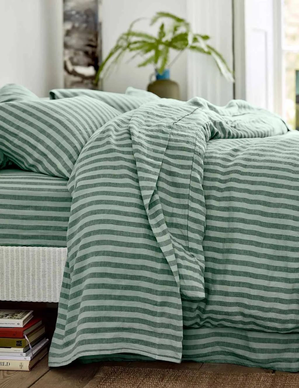 Piglet In Bed Pure Linen Striped Flat Sheet Green Mix
