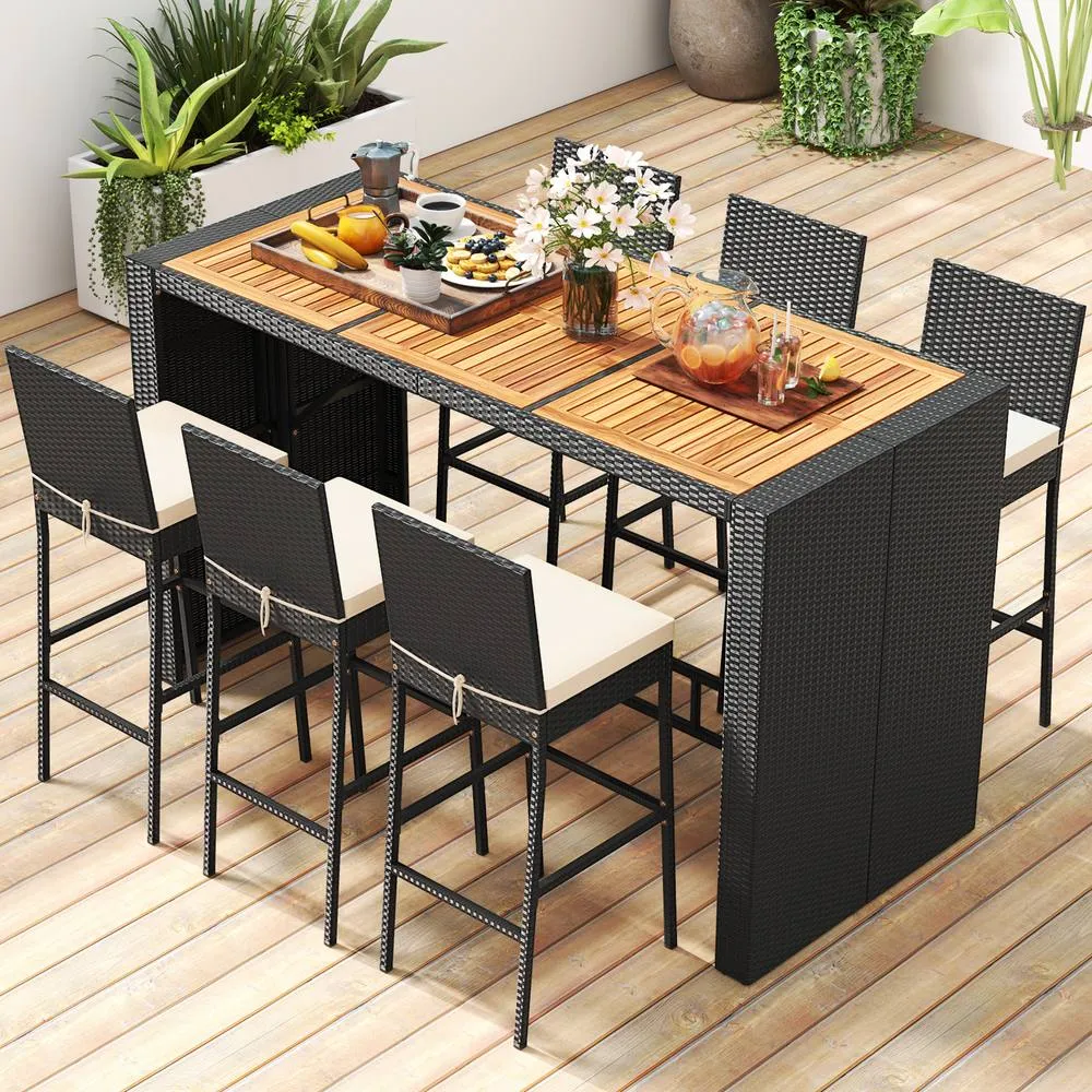 Costway 7 Pieces Patio Rattan Bar Set 6 Wicker Bar Height Chairs in Black 3