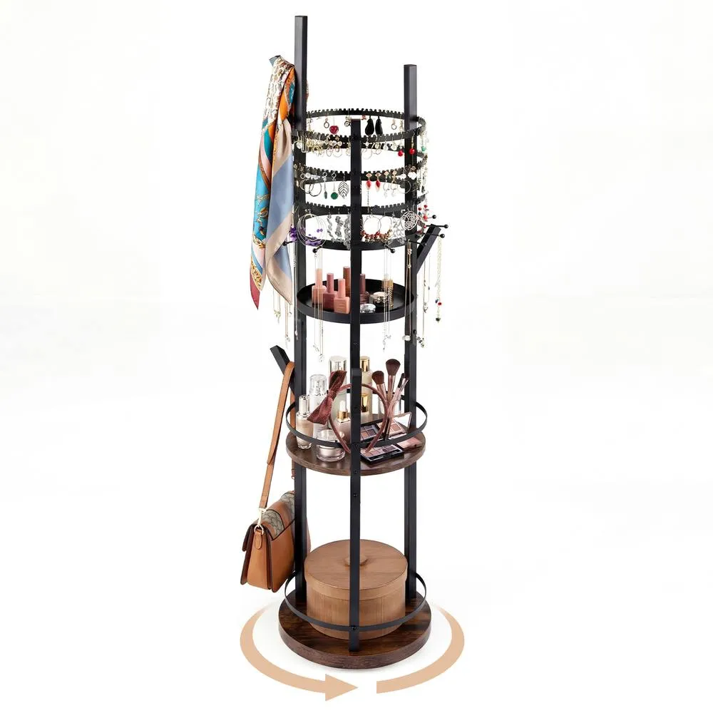 Costway Jewelry Stand Rotating Jewelry Display Tower w/Earring Necklace Holder in Brown 2