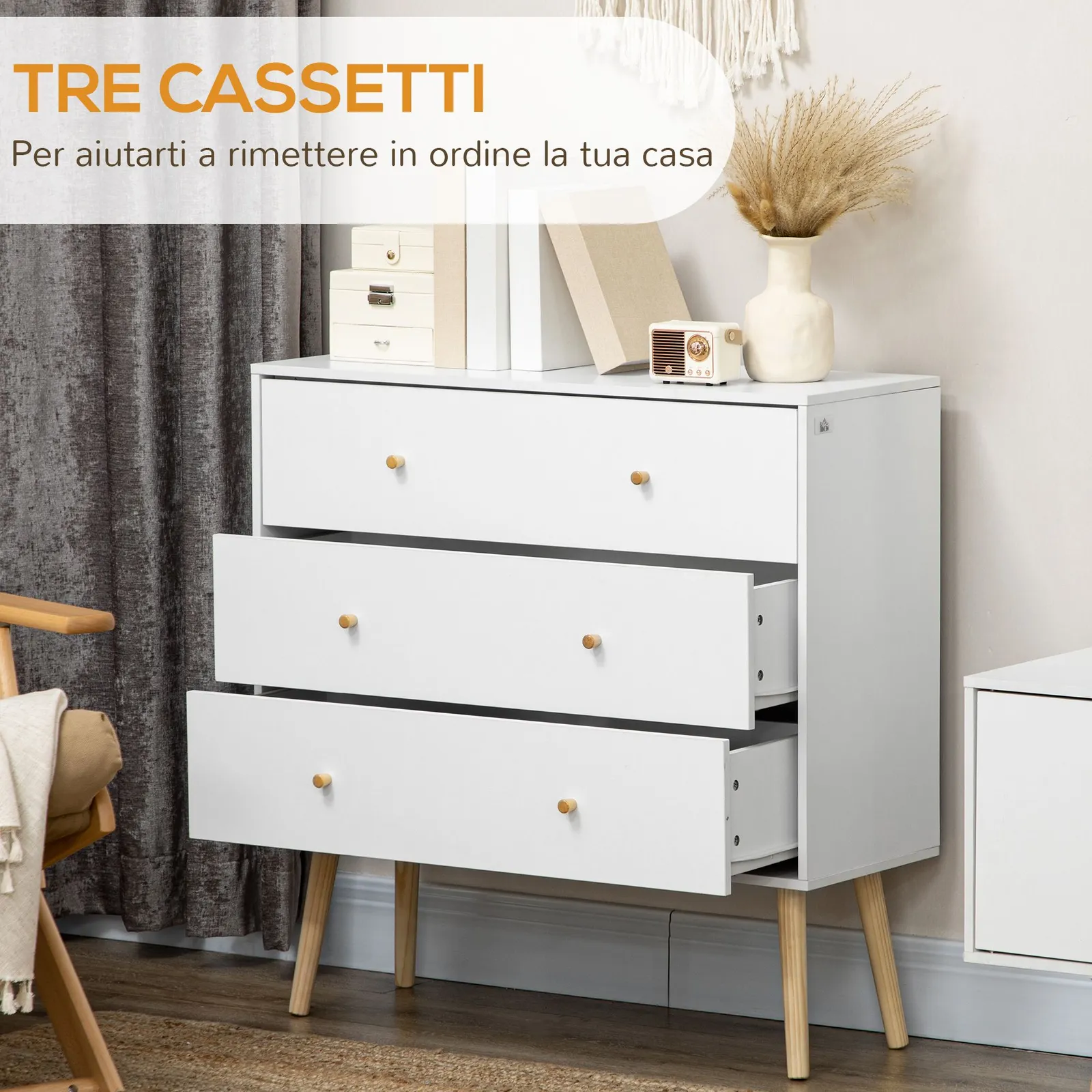HOMCOM Chest of Drawers, 3 Drawer Unit Storage Cabinet Bedroom Living Room in White 5