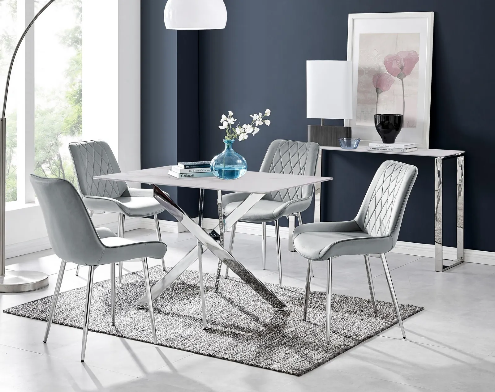 FurnitureboxUK Leonardo White Glass Marble Effect Silver Leg Table & 4 Pesaro Silver Chairs in Grey 1