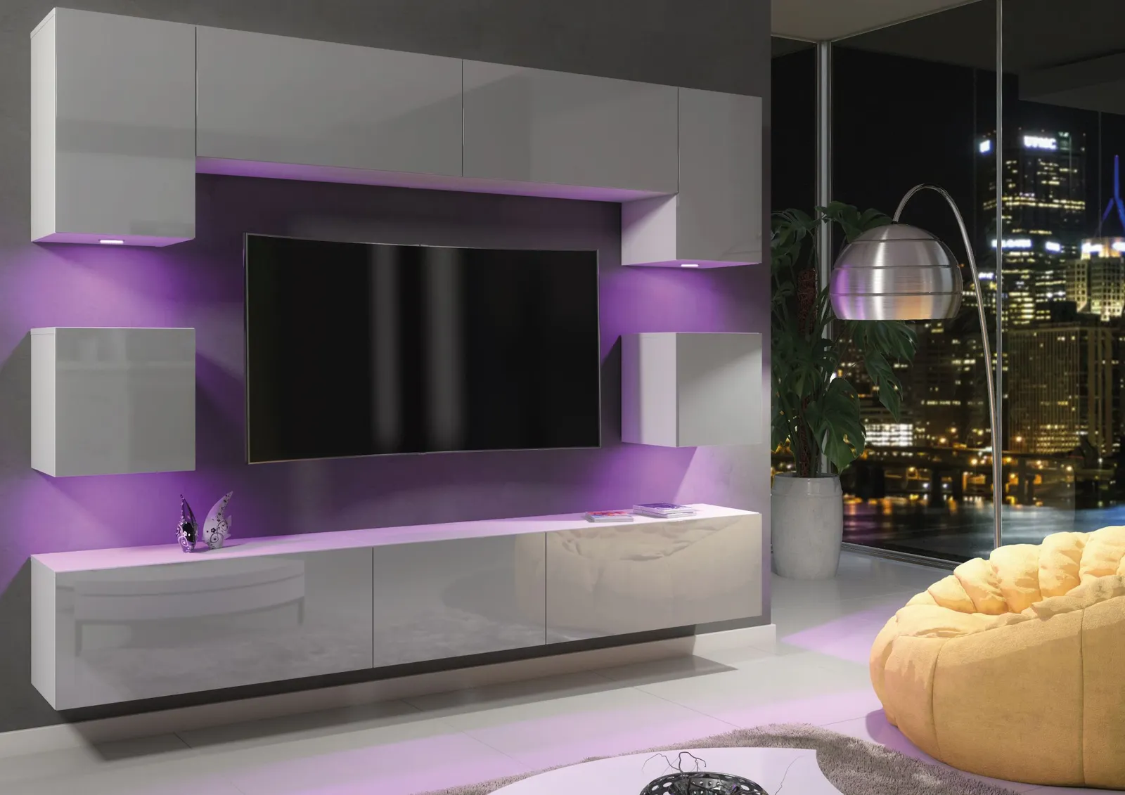 Creative Furniture Panorama Wall TV Unit - A Sleek & Modern Wall Cabinet with Gloss Doors & LED Lights in Grey 6