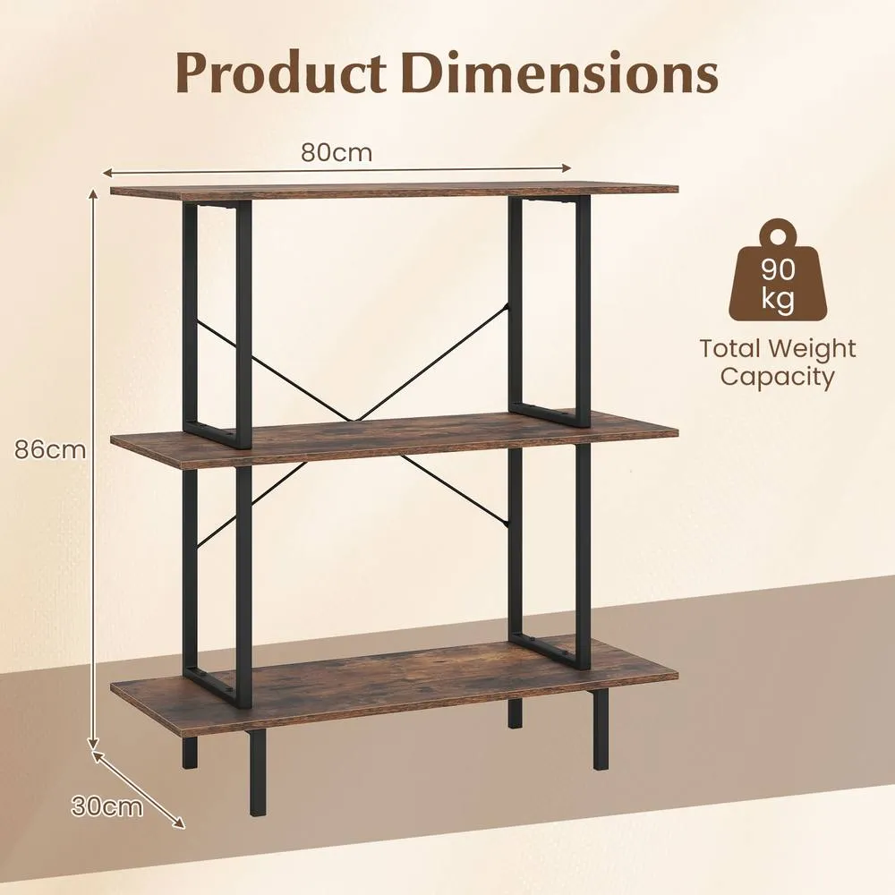 Costway 3-Tier Bookshelf Industrial Bookcase w/ Open Shelves Display Shelf in Brown 2