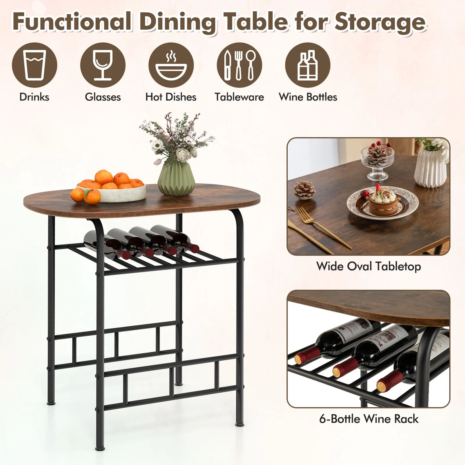 Costway 3-Piece Dining Table Set Kitchen Breakfast Nooks Table & Chairs in Brown 4