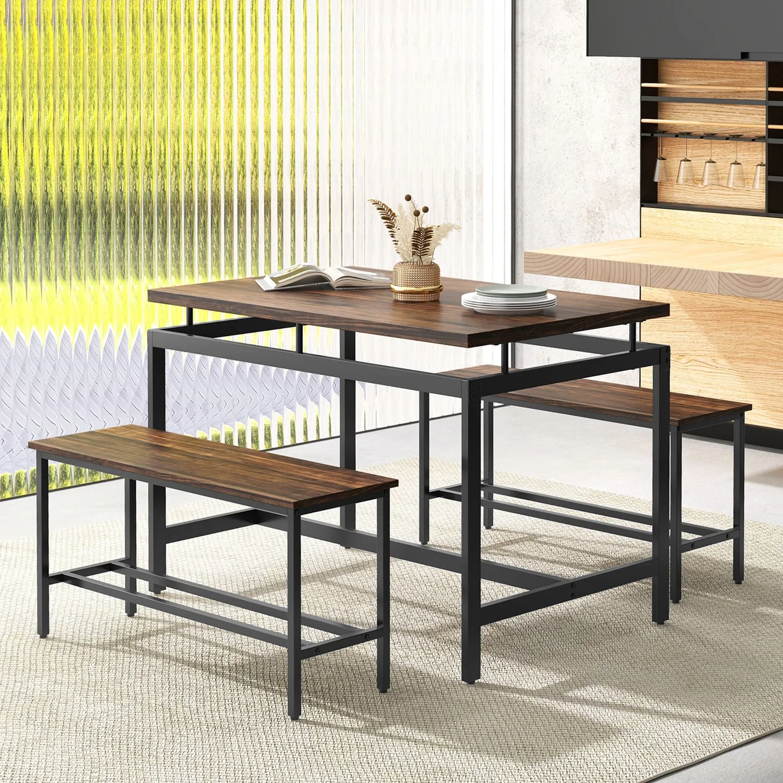 Costway 3 PCS Kitchen Dining Table Set for 4 Wooden Kitchen Table with 2 Benches in Brown 4