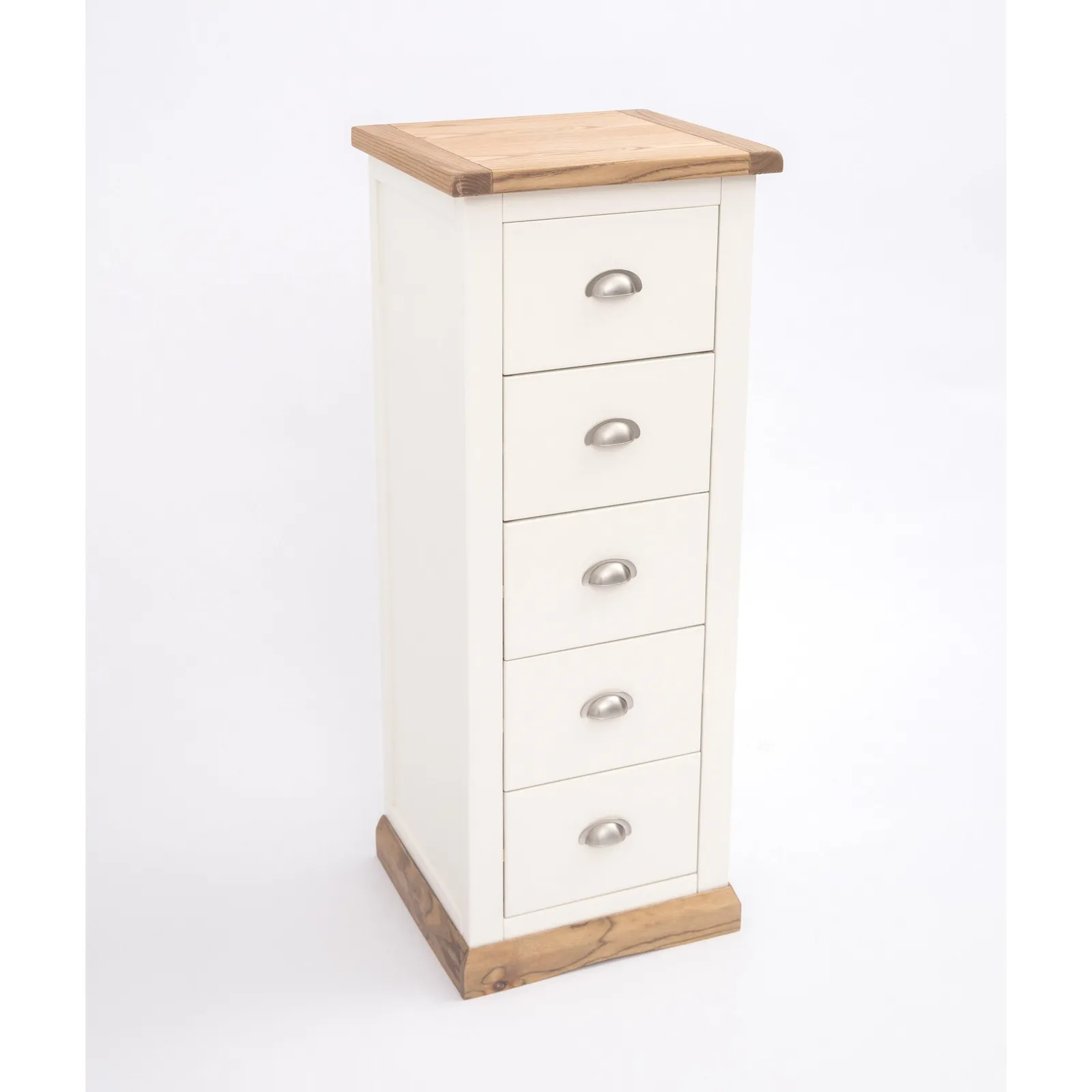 Cabinet Bits Tropea 5 Drawer Narrow Chest of Drawers Chrome Cup Handle in Off-White 4
