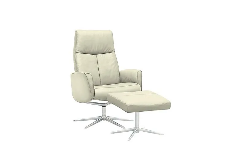 Vaasa Leather Swivel Recliner Chair and Footstool with Chrome Base - Cambridge Chalk