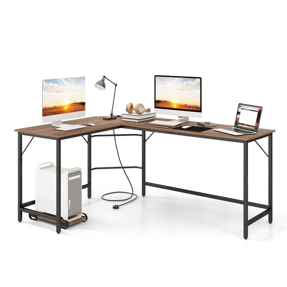 Costway L Shaped Home Office Desk Computer Corner Desk Gaming Table with CPU Stand in Natural