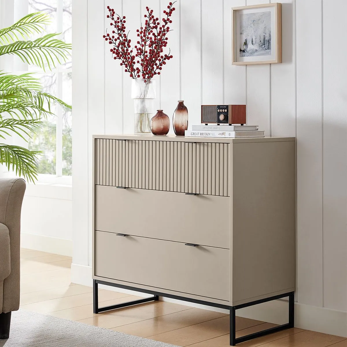 Melody Maison Large 3 Drawer Chest Of Drawers - Hesley Taupe Stone Range in Grey