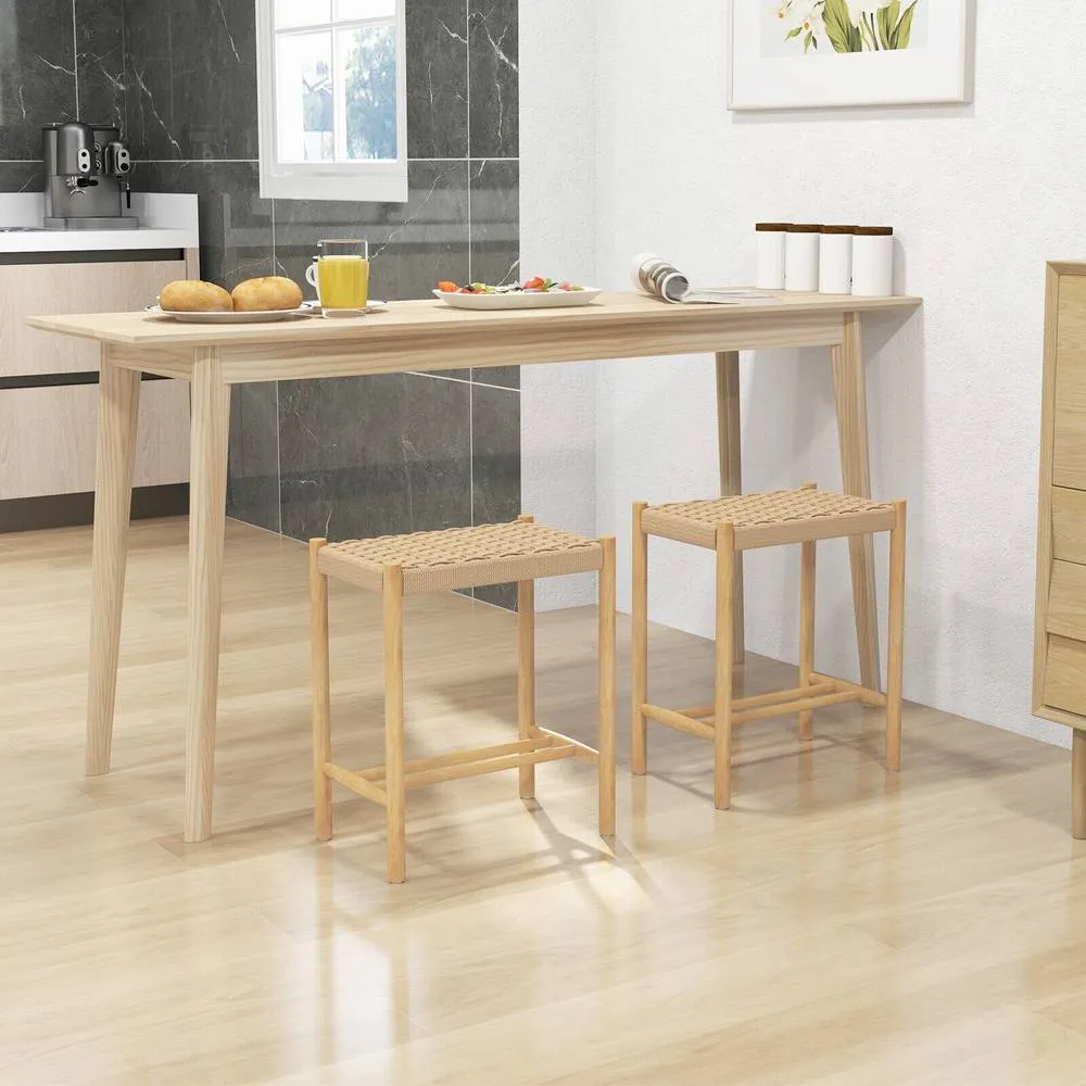 Costway Kitchen Bar Stool Set of 2 Counter Height Woven Paper Seat Stool in Khaki 3