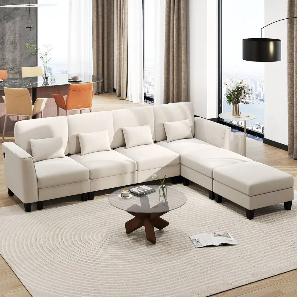 Costway Sectional Sofa with 2 Ottomans 4 Seat Sofa Set with Double Chaise in White 5