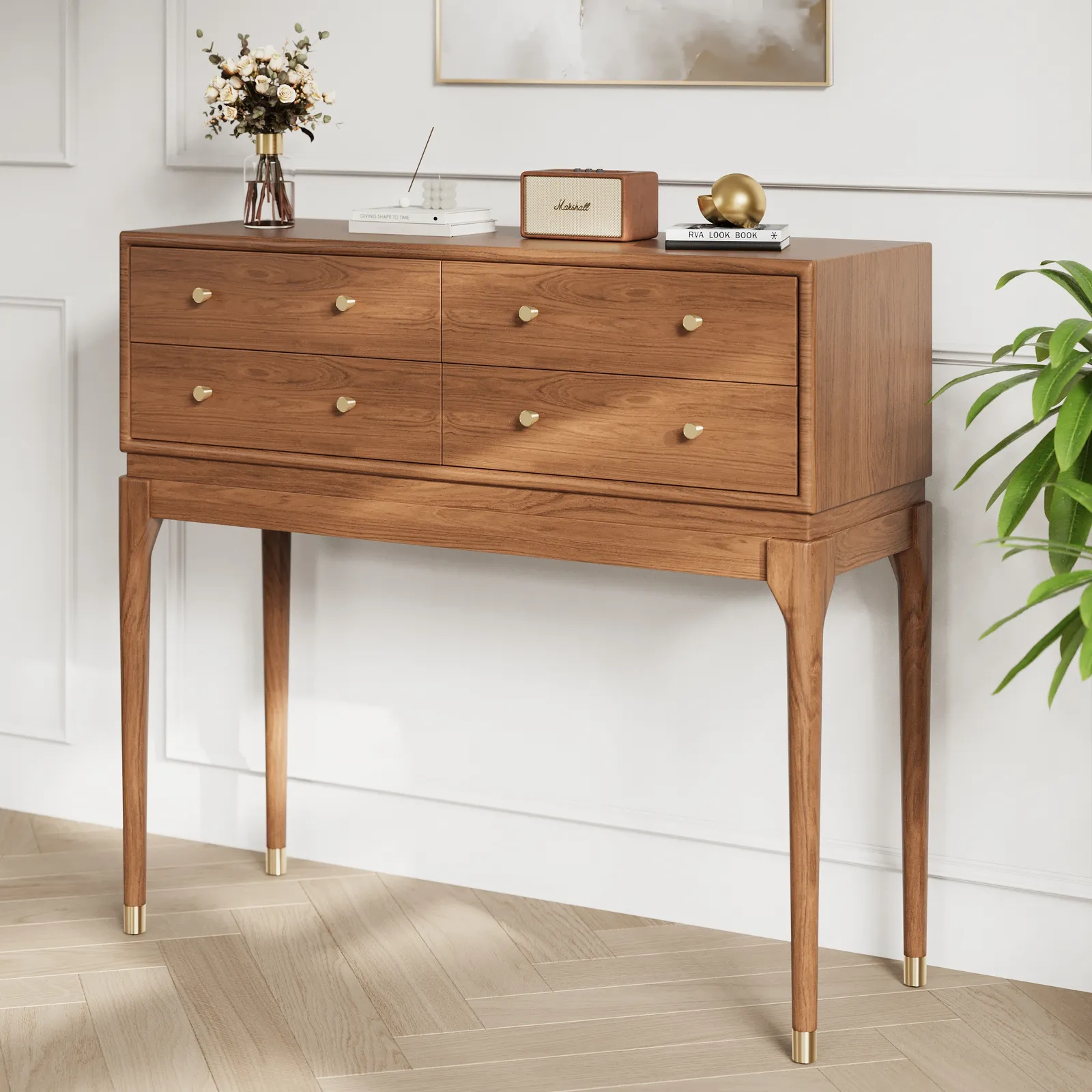 1000mm Mid Century Modern Console Table with Storage Walnut Wood Console Hall Table with 4 Drawers