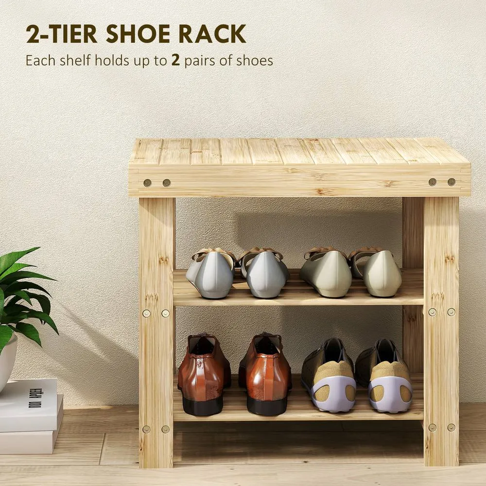 HOMCOM 3-Tier Bamboo Shoe Bench with 2 Shelves for Entryway, Wood Finish in Natural 4