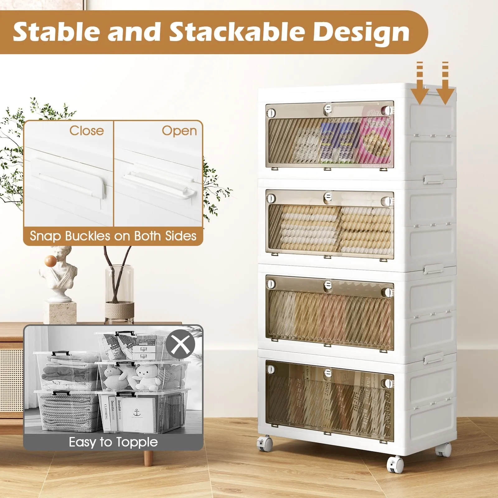 Costway 4-Tier Stackable Storage Bins Bedroom Collapsible Storage Boxes in White 4