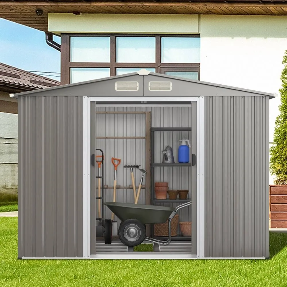 Costway 260×207cm Steel Outdoor Storage Shed Double Doors Ramp Grey 3
