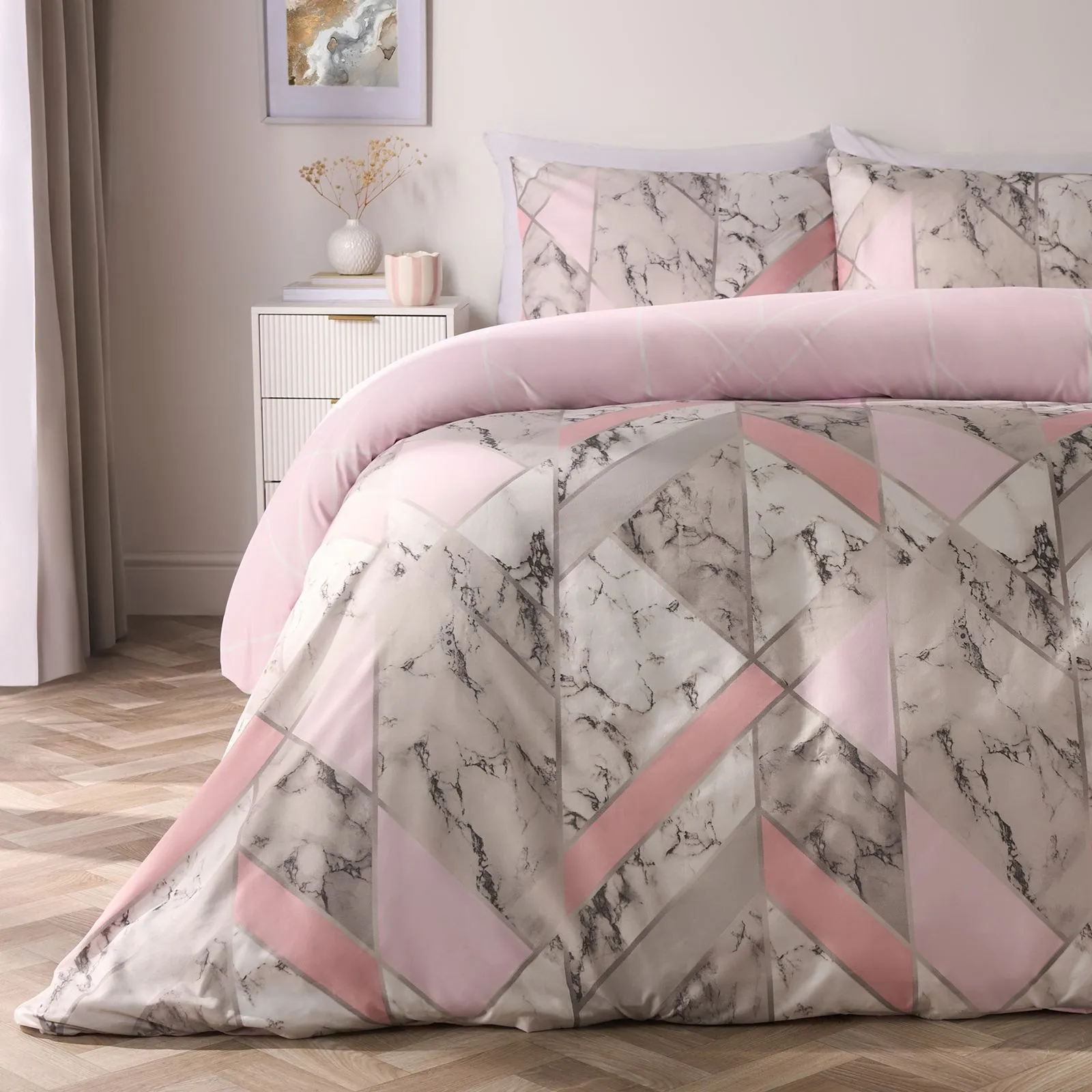 OHS Marble Duvet Cover Pillowcases Bedding Reversible Quilt Set Geo Soft in Pink